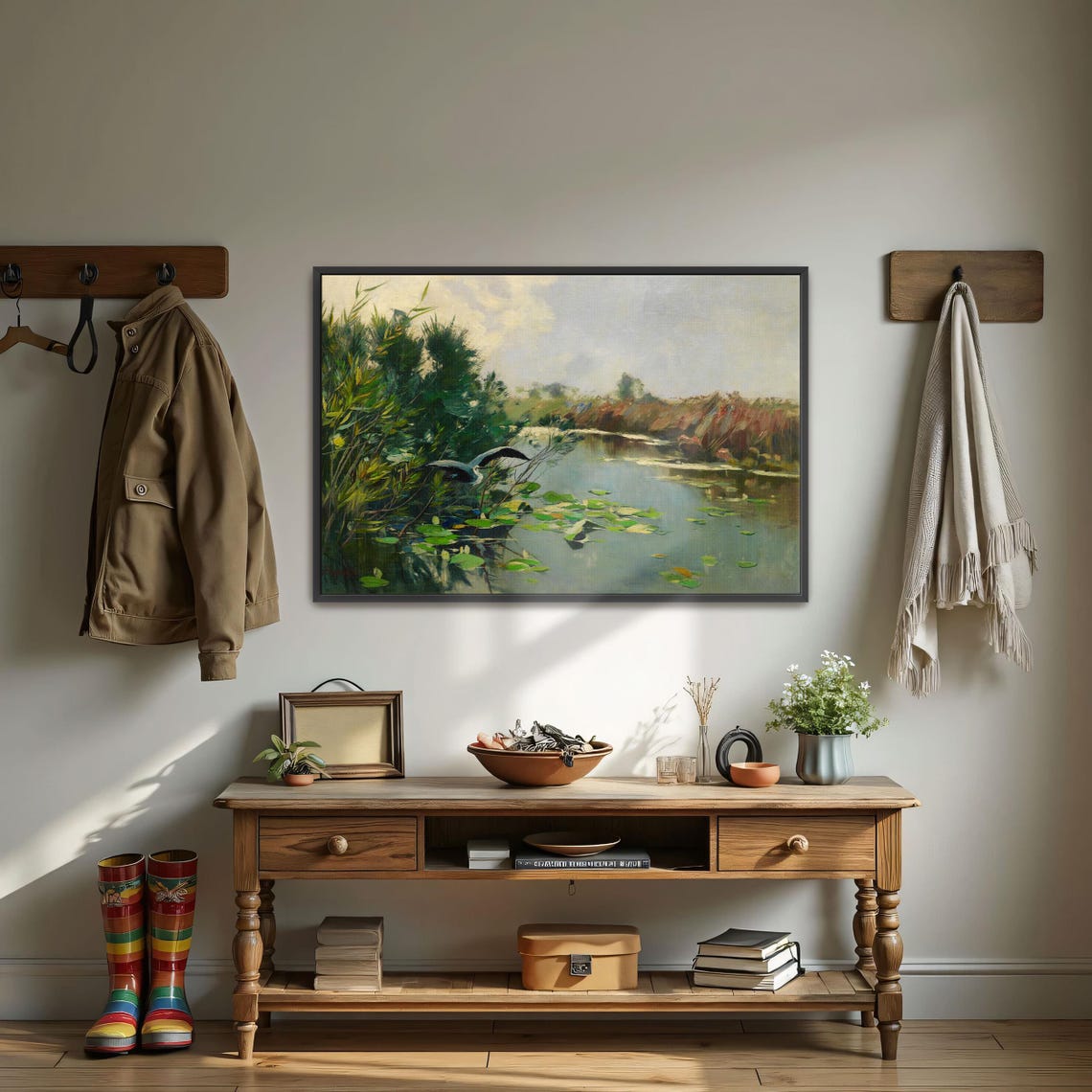 Heron in Flight Over a Lily Marsh Serene River Landscape Poster - Image 4