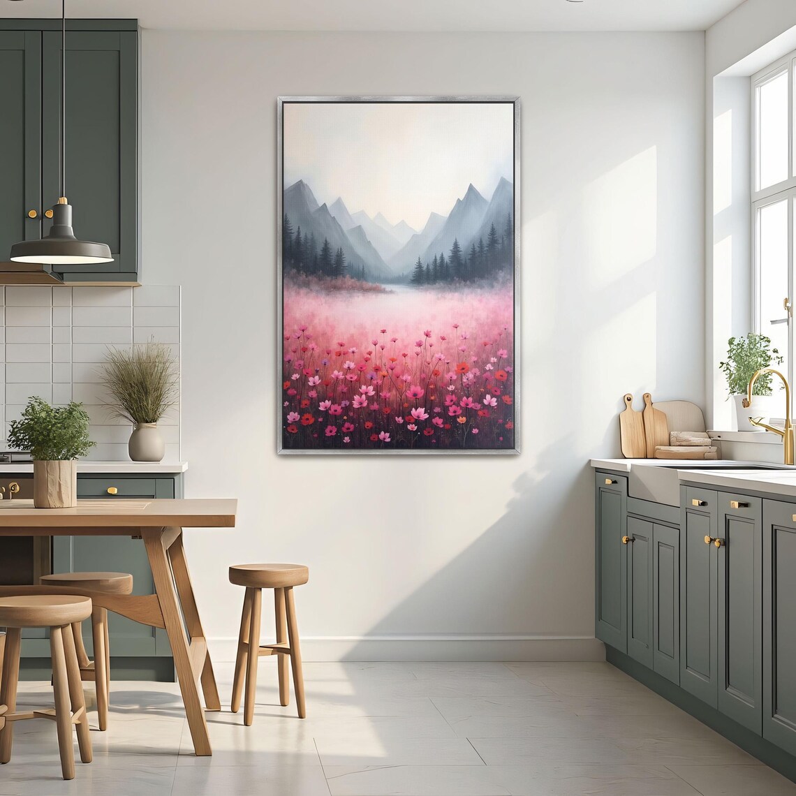 Pink Wildflowers Meadow Beneath Misty Mountains Landscape Poster - Image 2