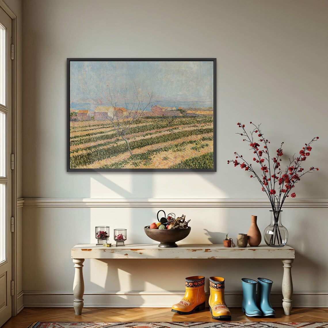 Framed Print Of Countryside Landscape With A Tree Landscape Wall Art Green And Beige Bedroom Artwork Rustic Oil Painting - Image 2