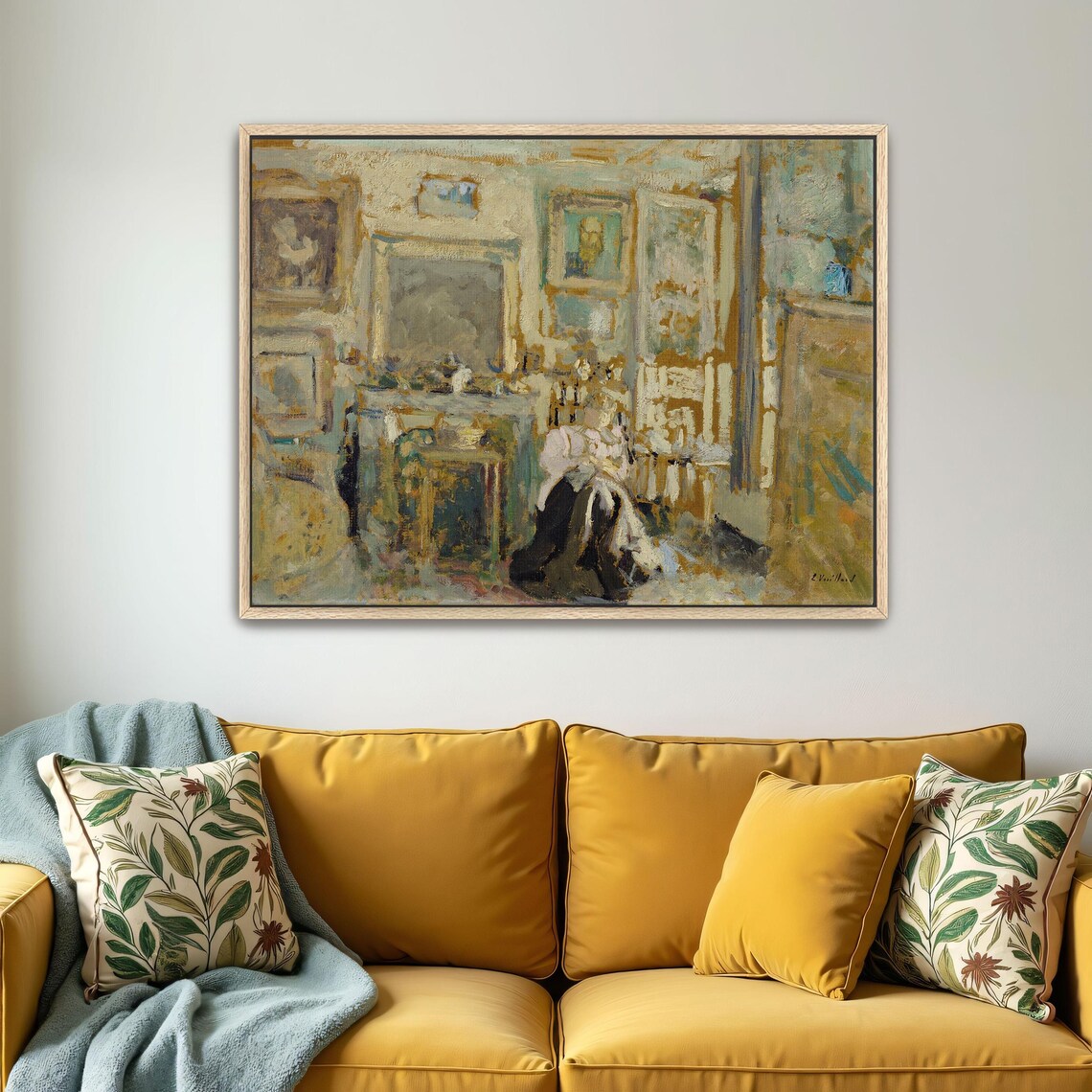 Woman Seated in a Sunlit Blue and Gold Interior Painting Art Poster - Image 5