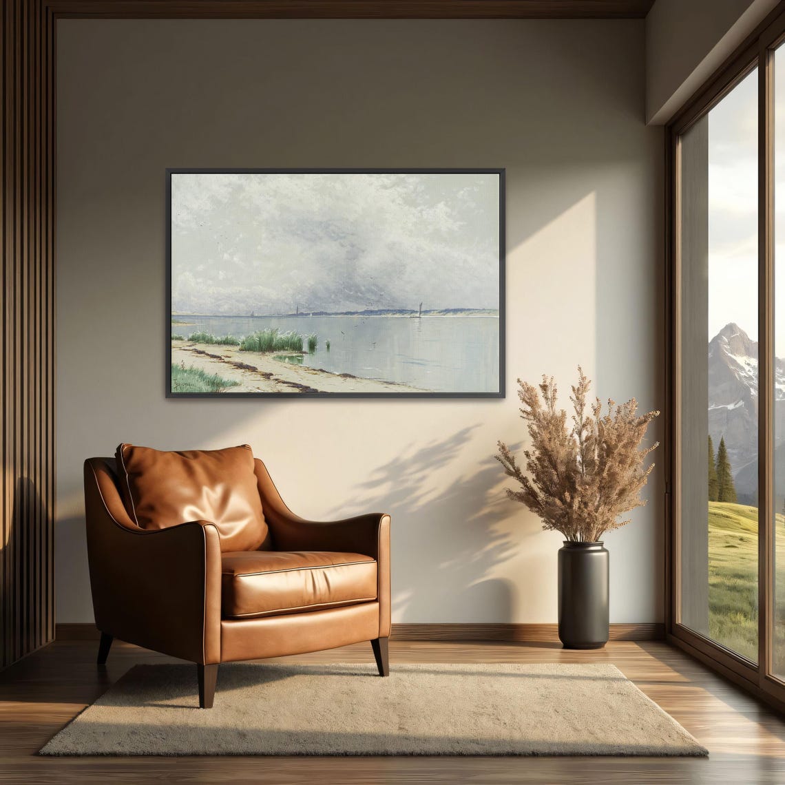 Misty Seascape with a Distant Sailboat Calm Gray Coastal Poster - Image 4