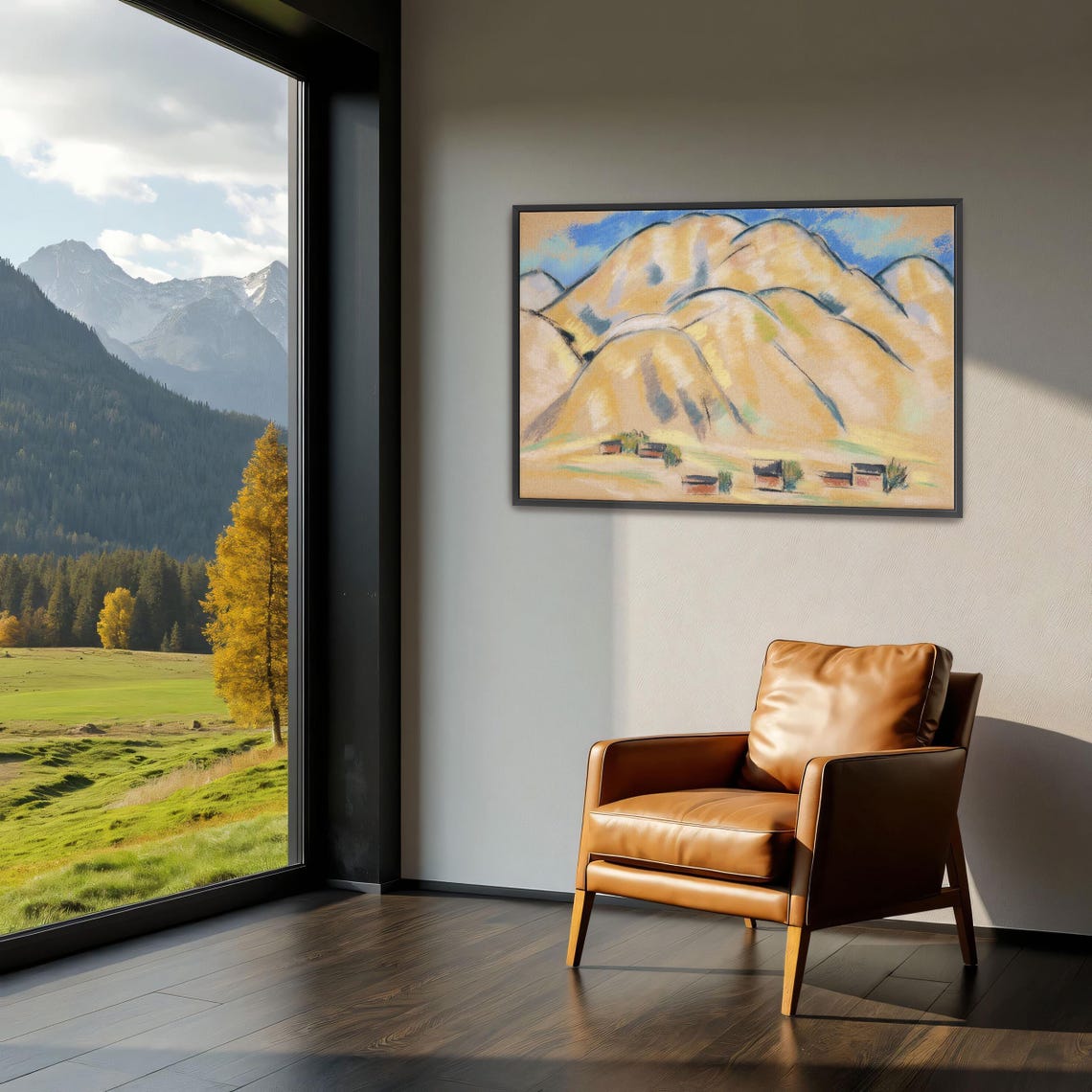 Framed Print Of Pastel Painting Of Hills And Houses Mountain Wall Art Beige And Brown Bedroom Artwork Rustic Pastel Painting - Image 4