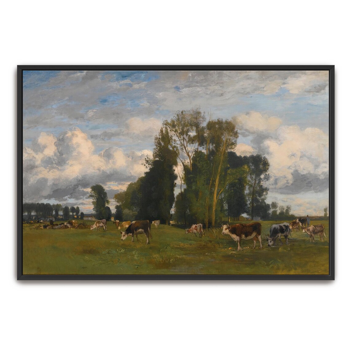 Cattle Grazing in a Green Meadow Under Tall Trees Vintage Art Print