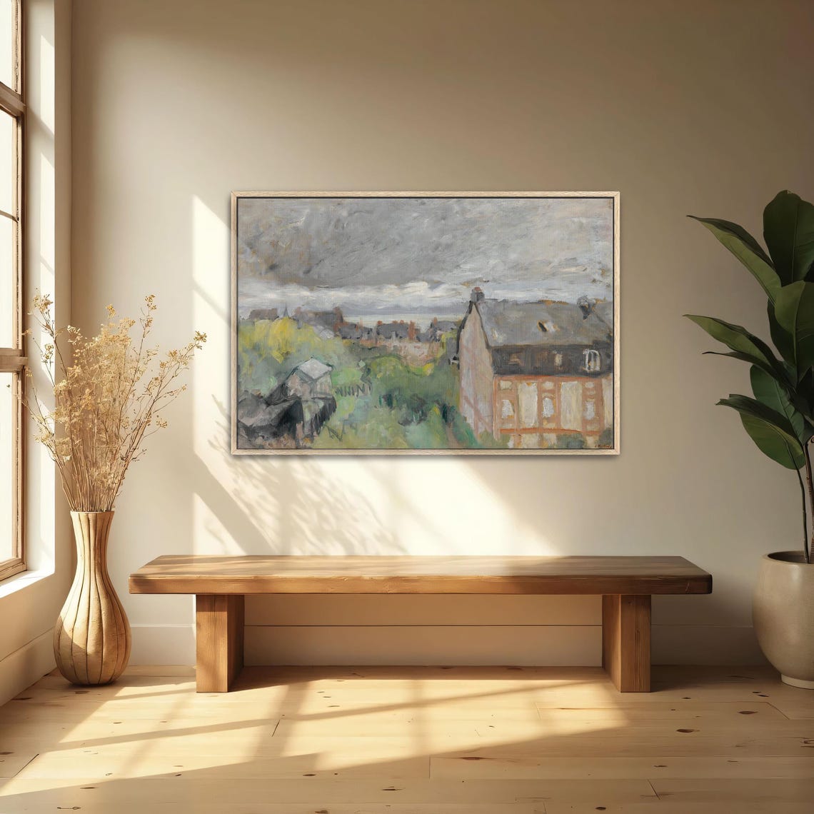 Village Houses Under a Cloudy Sky Muted Pastel Town Scene Poster - Image 5
