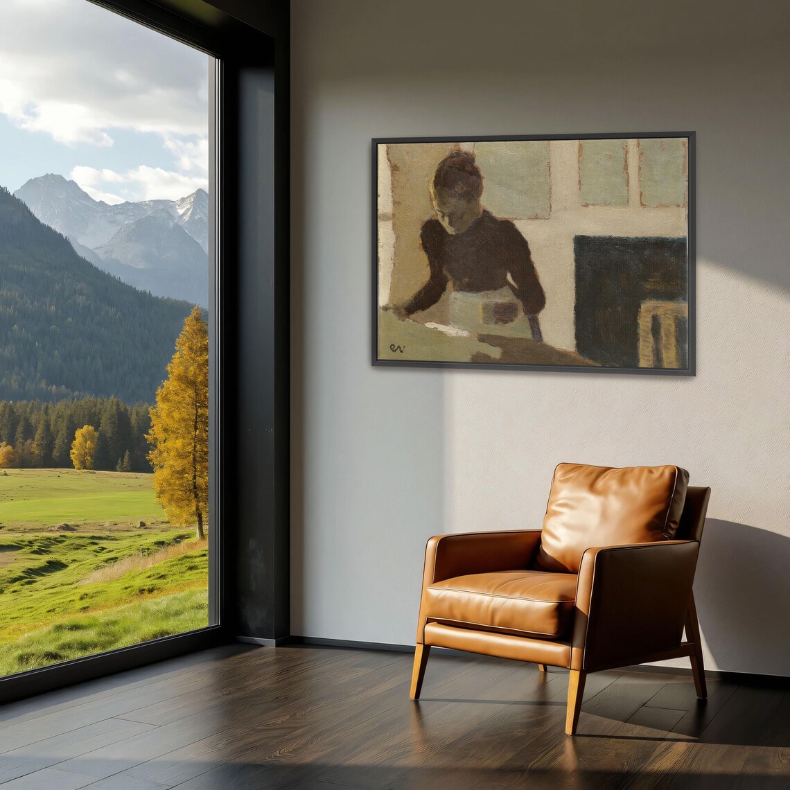 Woman in Dark Dress and Apron Rustic Interior Oil Painting Poster - Image 3