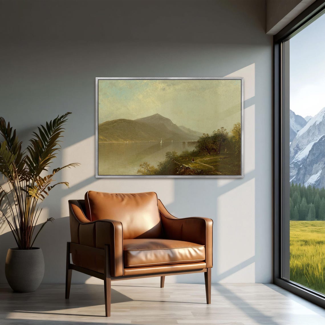 Framed Wall Art Of Sailboats On A Lake With Mountains In The Background Landscape Print Green And Brown Entryway Art - Image 3