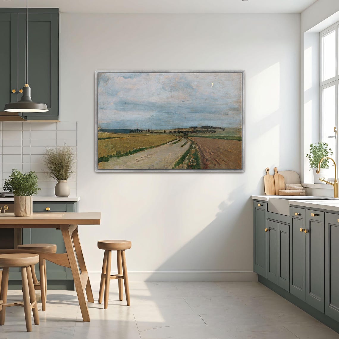 Framed Wall Art Of Country Road Fields And Sky Landscape Print Gray And Blue Entryway Artwork Rustic Oil Painting - Image 2