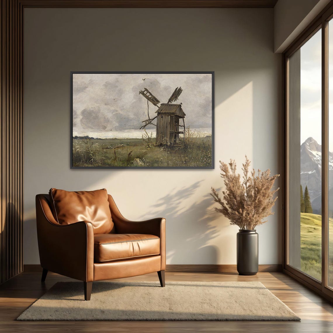 Dilapidated Windmill in Open Field Moody Rural Landscape Poster