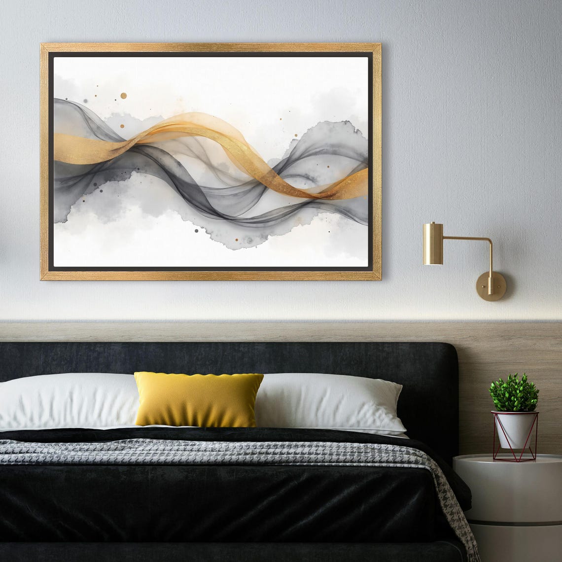 Golden Ribbon Swirl Drifting In Smoky Grey Watercolor Abstract Poster - Image 4