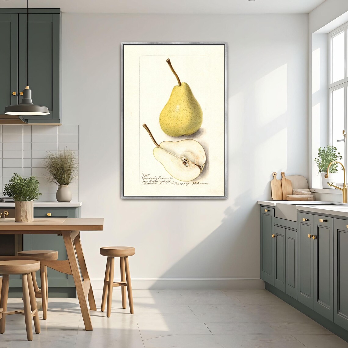 Yellow Pear Whole And Halved Antique Pomological Watercolor Art Poster - Image 2