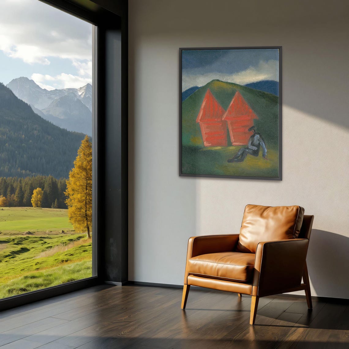 Two Red Barns on Green Hill with Seated Figure Expressionist Poster - Image 3