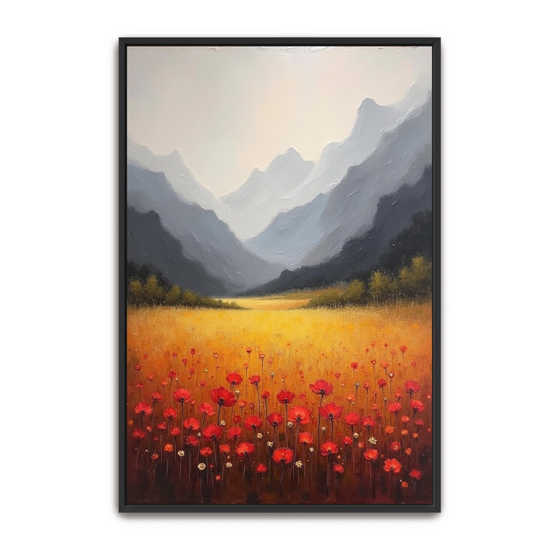 Mountain Meadow Poppy Field with Misty Peaks Landscape Poster