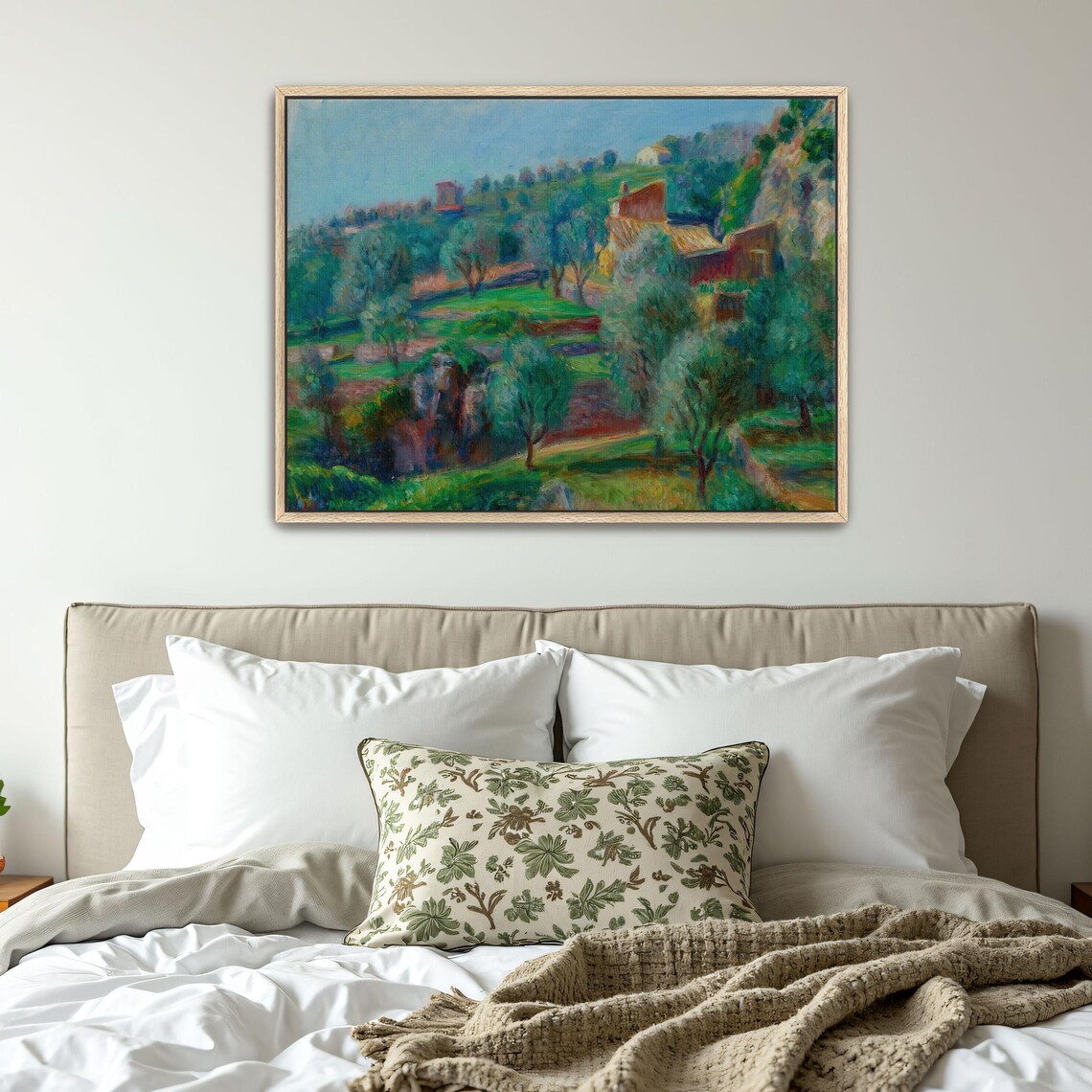 Large Framed Print Of Hillside With Houses And Trees Landscape Fine Art Print Green And Blue Bedroom Art Rustic Oil Painting - Image 4