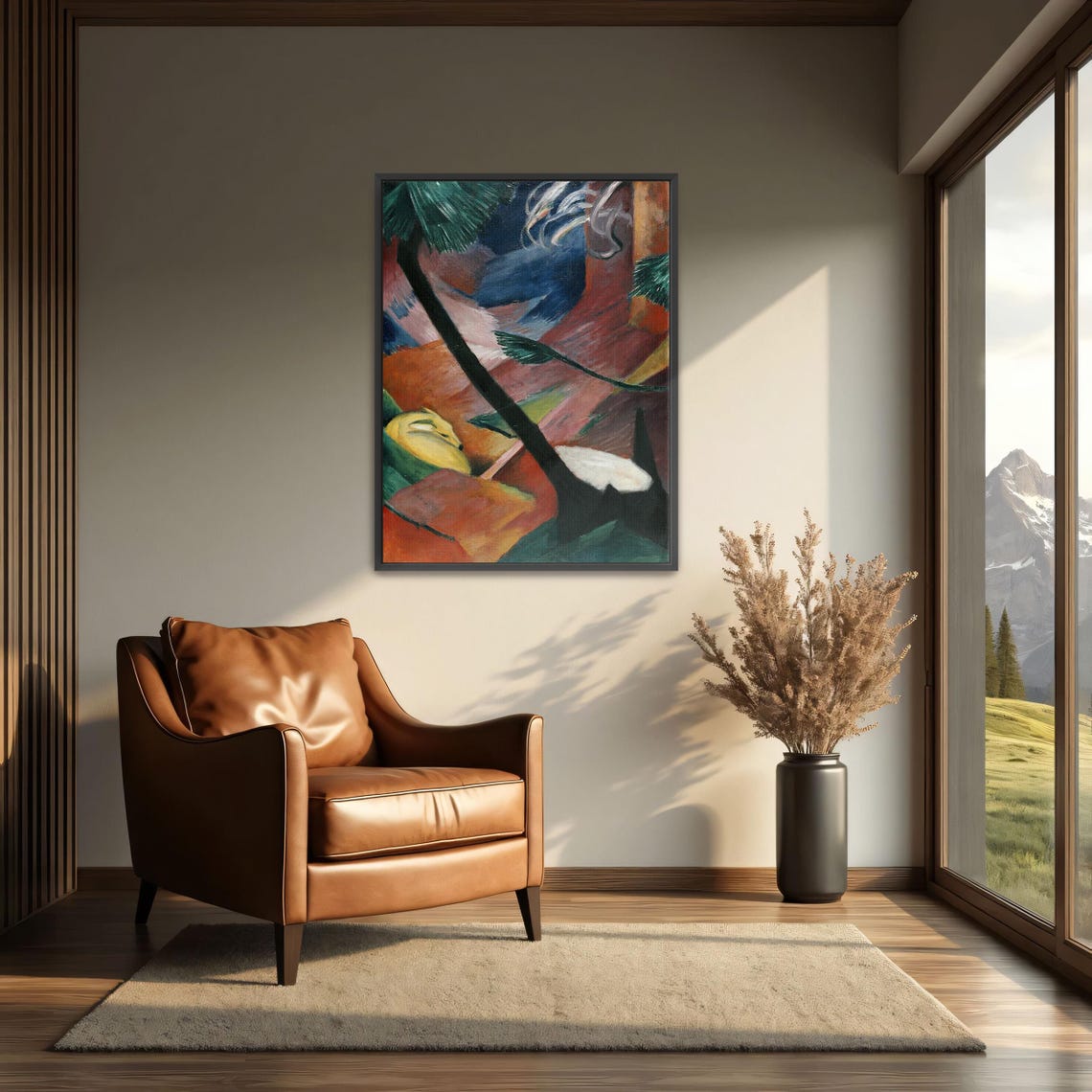 Framed Print Of Abstract Forest Scene With Deer Animal Fine Art Print Green And Blue Living Room Art Bohemian Oil Painting - Image 3