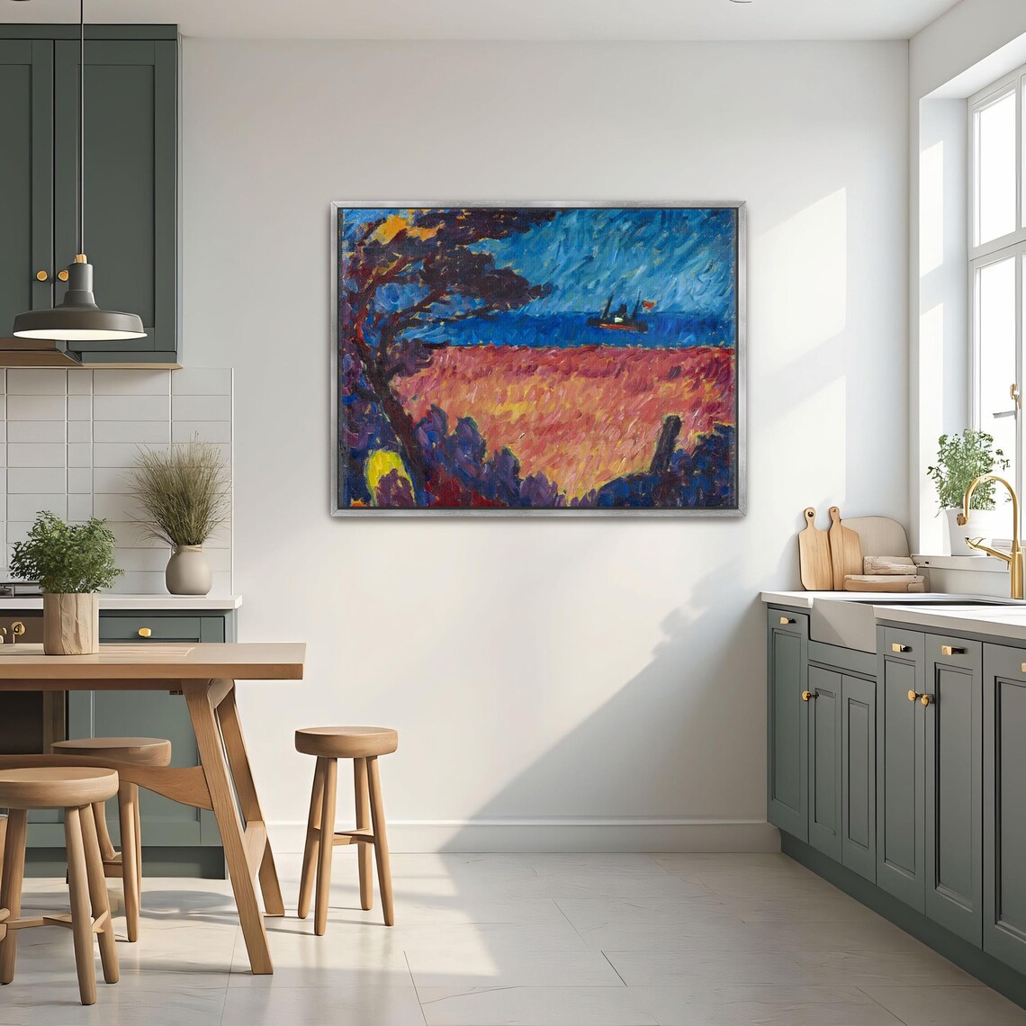 Framed Wall Art Of Seascape With Tree And Ship Landscape Wall Art Blue And Red Entryway Artwork Bohemian Oil Painting Abstract Art - Image 2