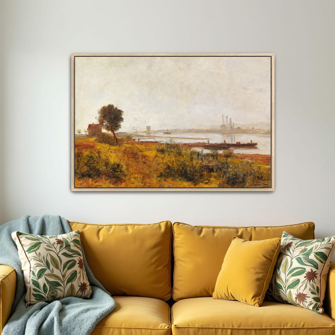 River Meadow with Barge and Autumn Fields Calm Landscape Poster - Image 2
