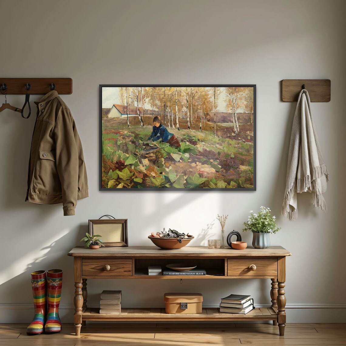 Framed Print Of Woman Gathering Vegetables In Field Landscape Wall Art Green And Brown Entryway Artwork Rustic Oil Painting - Image 3
