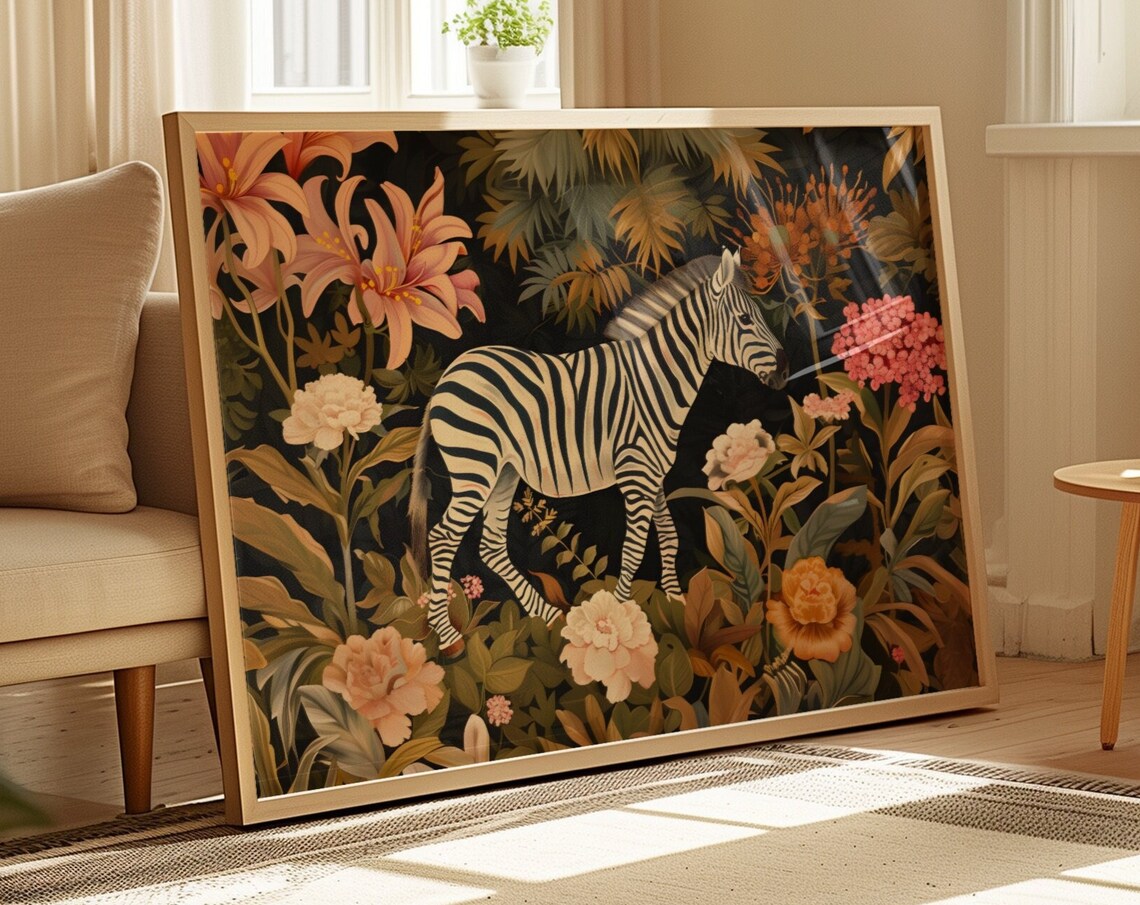 Zebra Among Tropical Flowers Dark Botanical Horizontal Art Print - Image 4