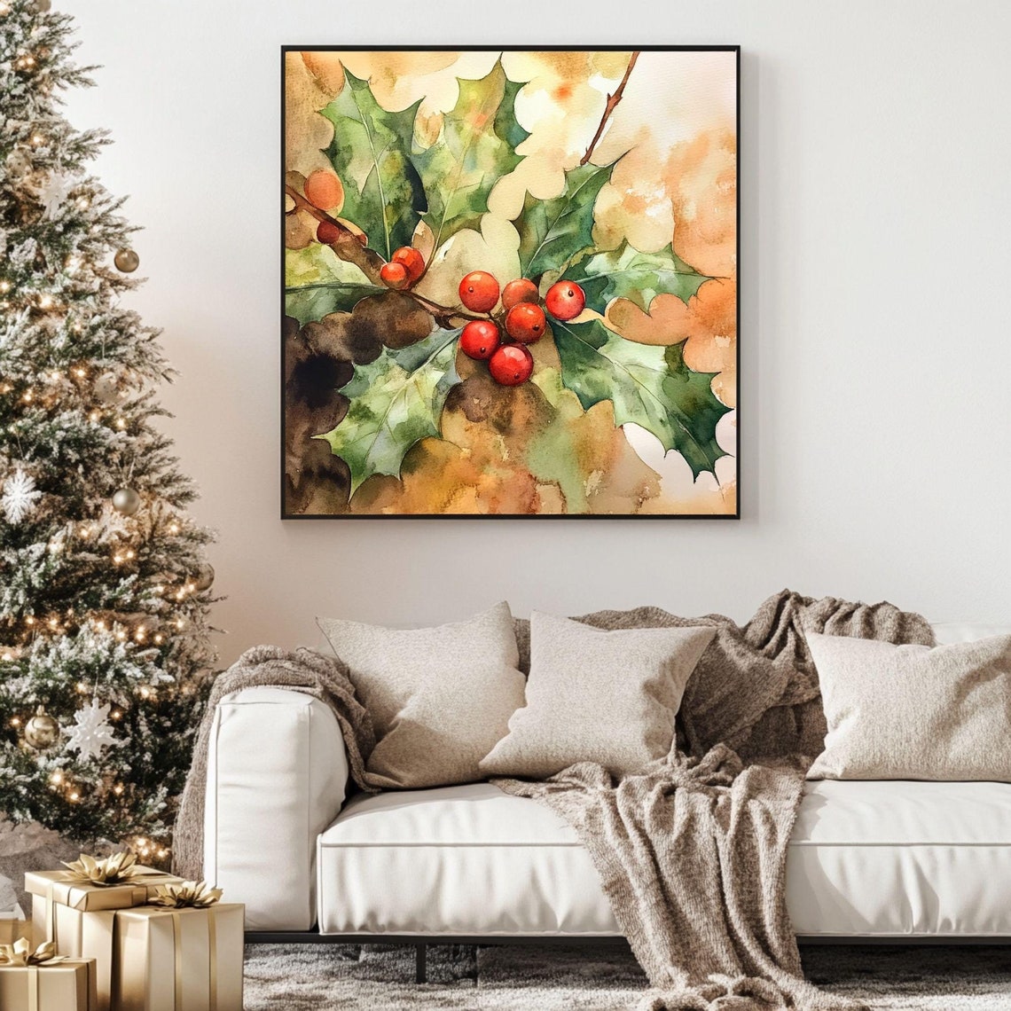 Watercolor Holly Berries Green Leaves Warm Golden Botanical Wall Art