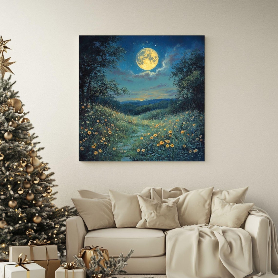 Full Moon Over Wildflower Meadow Night Landscape Moonlit Path Poster