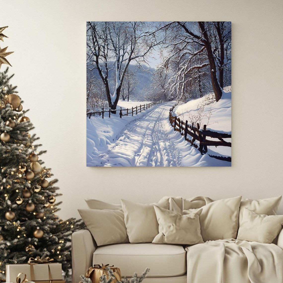 Snowy Country Road Split Rail Fence Sunlit Winter Scene Poster