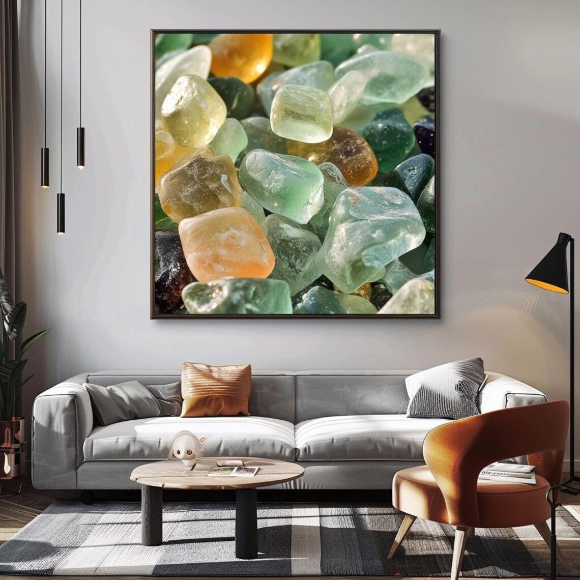 Translucent Sea Glass Pebbles Green Amber Macro Photography Coastal Art Print