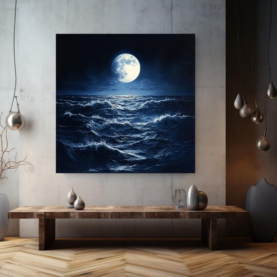 Mystical Full Moon Night Seascape Dark Ocean Waves Moody Wall Poster