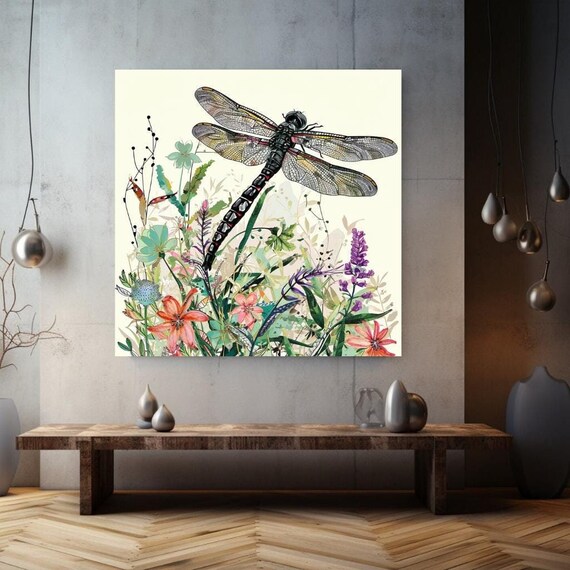 Dragonfly In Garden Wall Art Black Framed Decor Dragonfly Decor Dragonfly Art Painting Insect Illustration Ready To Hang Gift Art
