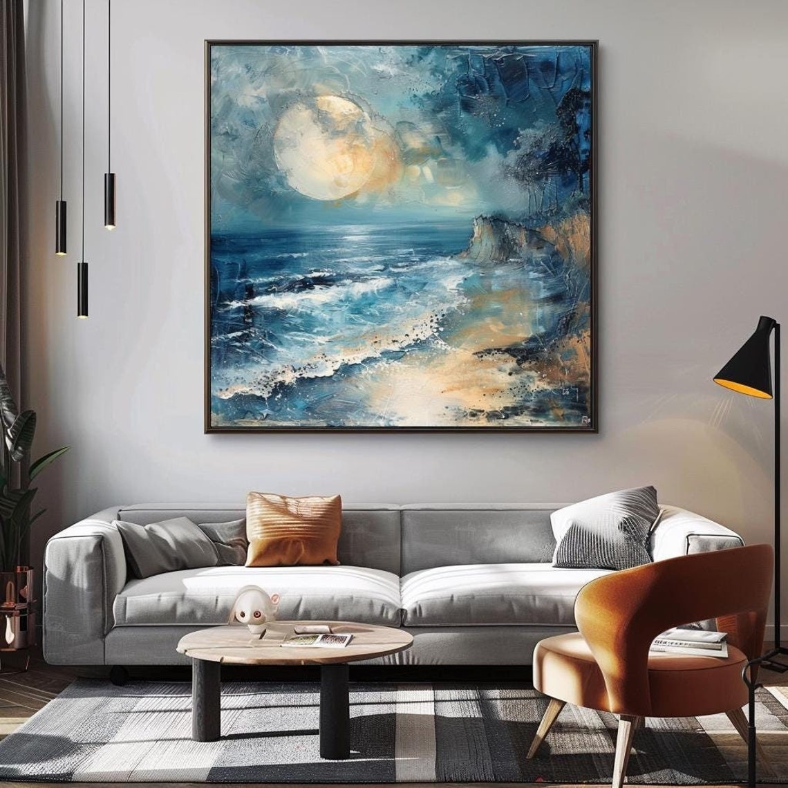 Mystical Full Moon Ocean Night Waves Blue Abstract Seascape Wall Art