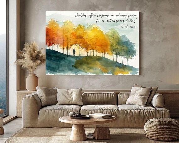 C S Lewis Hardship Destiny Quote Autumn Trees Watercolor Motivational Art Print