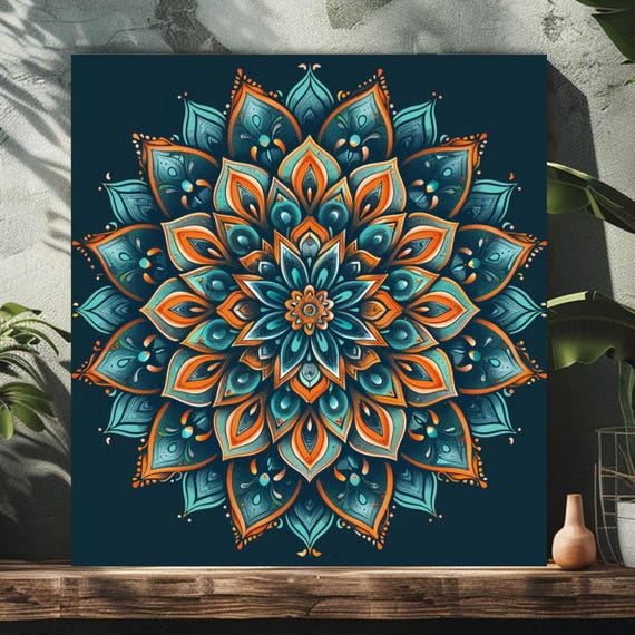Teal And Orange Mandala Wall Art Vibrant Floral Design Spiritual Home Decor Geometric Wall Art Design Best For Colorful Spaces