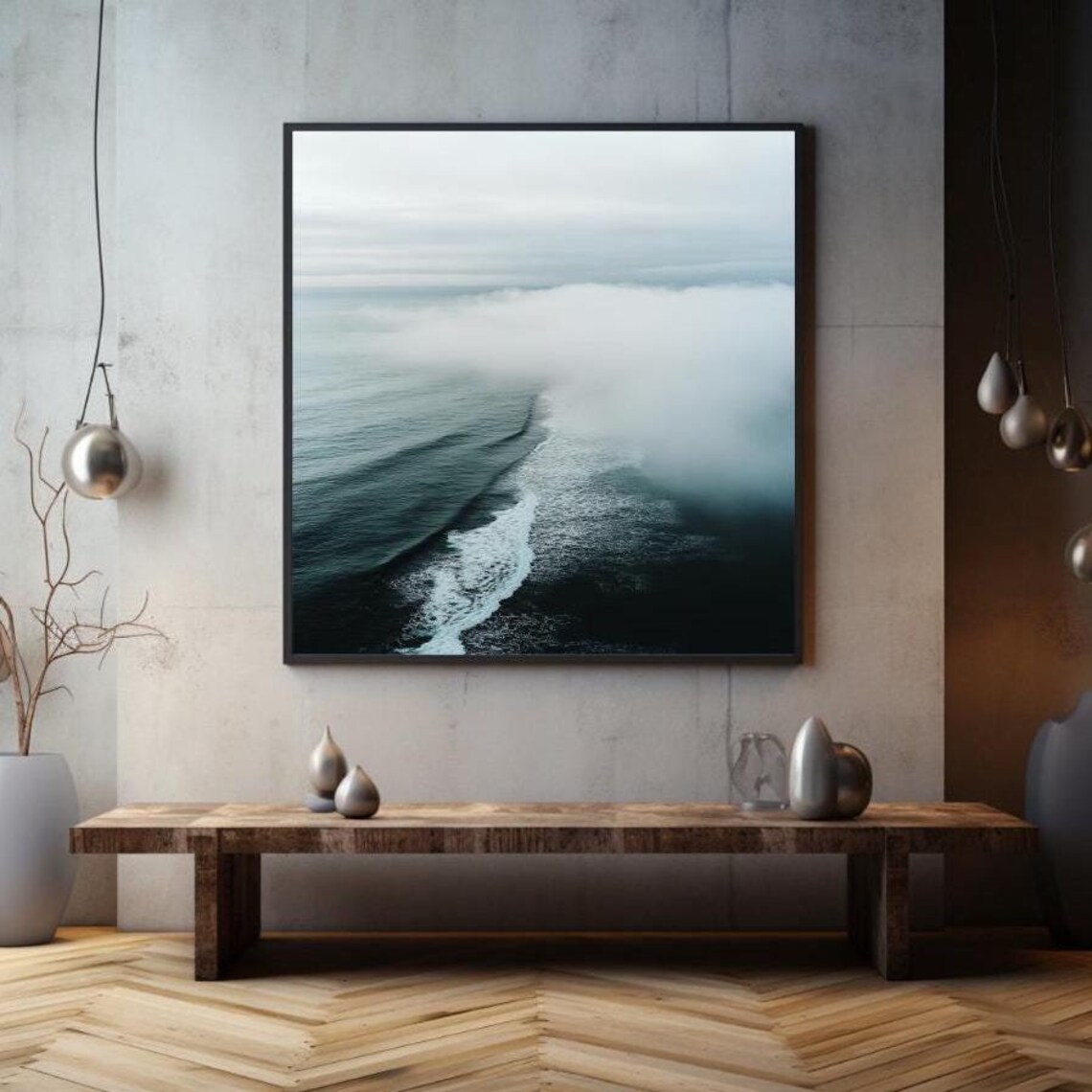 Aerial Foggy Ocean Waves Sea Fog Coastline Minimal Seascape Wall Poster