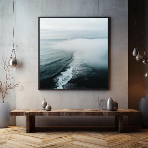 Aerial Foggy Ocean Waves Sea Fog Coastline Minimal Seascape Wall Poster