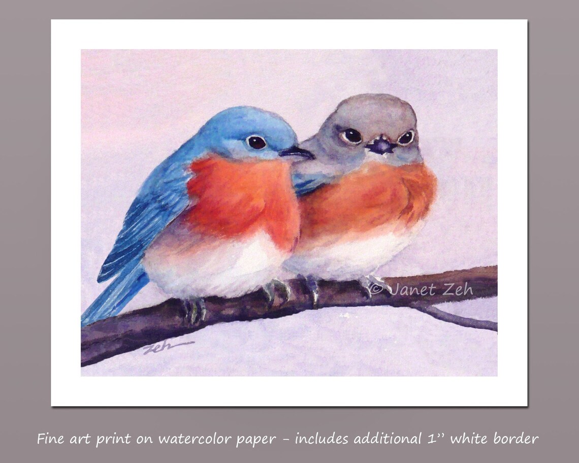 Two Bluebirds Watercolor Art Print, Janet Zeh