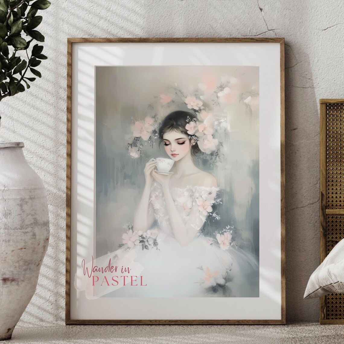 Pastel Woman Drinking Coffee Floral Rose Dress Oil Painting Style Poster