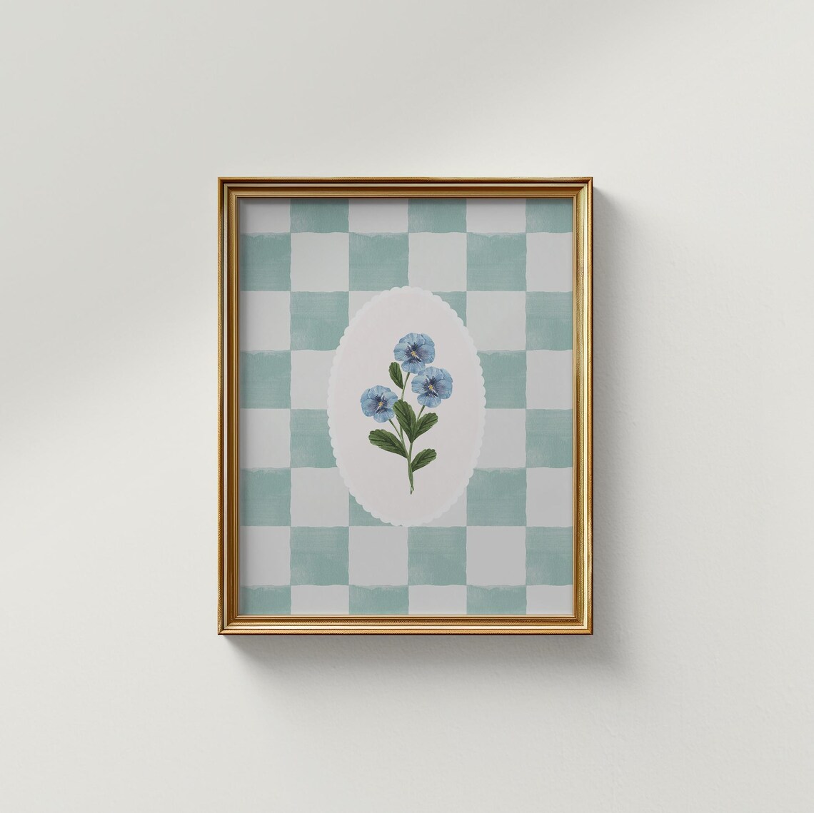 Blue Checkered Floral Art Print, Vintage English Garden - Image 2