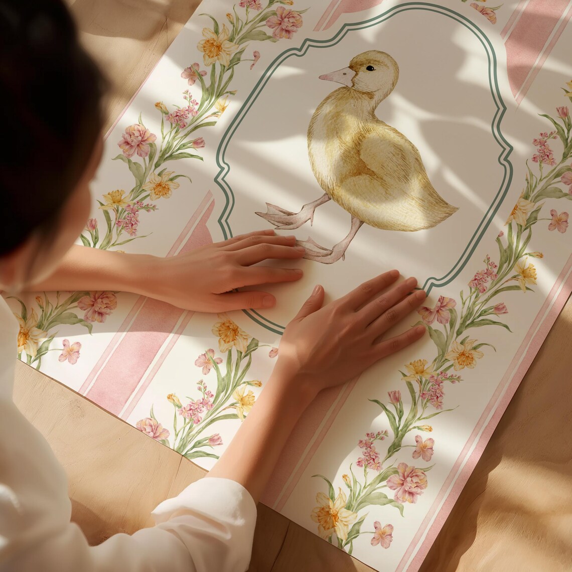 Baby Duckling Pink Striped Floral Vintage Nursery Wall Art Poster - Image 2