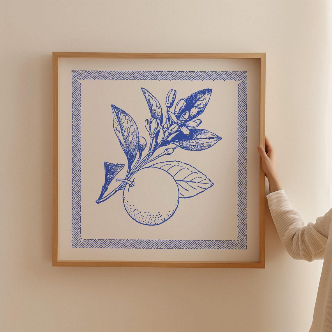Crisp Blue Line Orange Branch with Herringbone Border Poster - Image 3