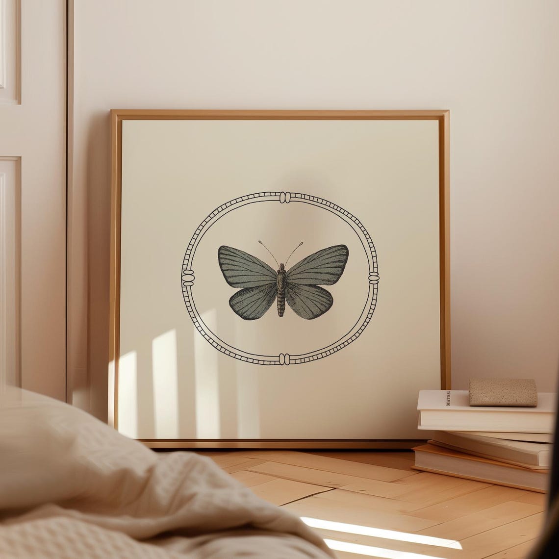 Gray Butterfly Vintage Oval Line Frame Illustration Art Print - Image 4