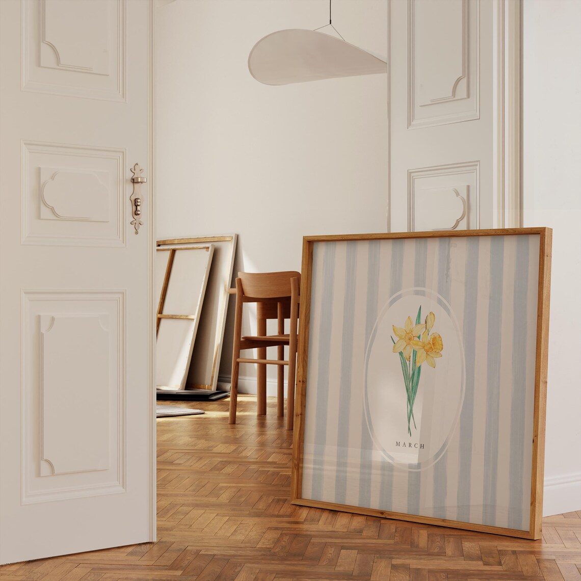 March Daffodil Birth Month Flower Blue Stripe Watercolor Botanical Poster - Image 2