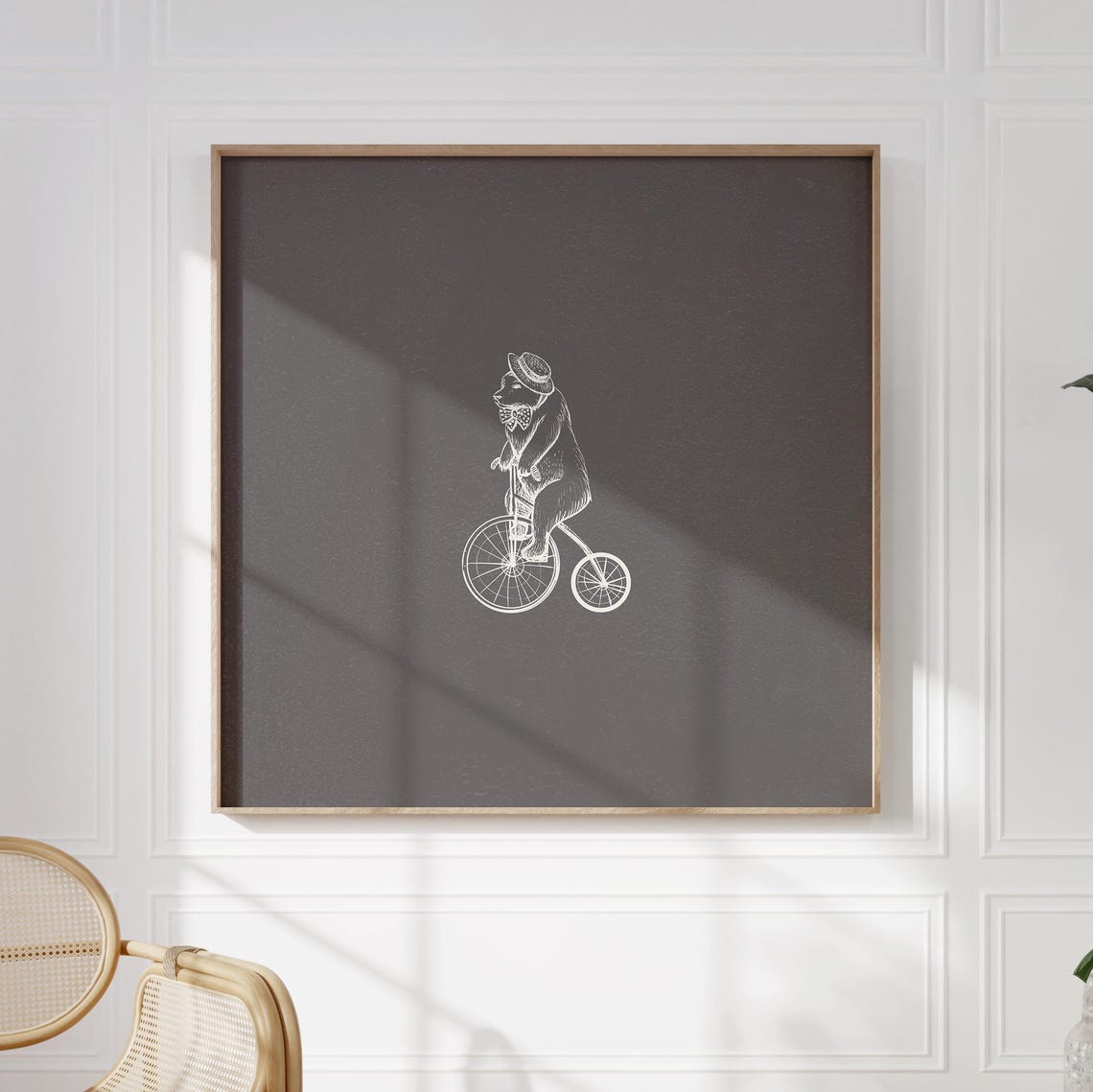 Chalk Bear Riding Bicycle Dark Vintage Square Animal Decor Poster - Image 4
