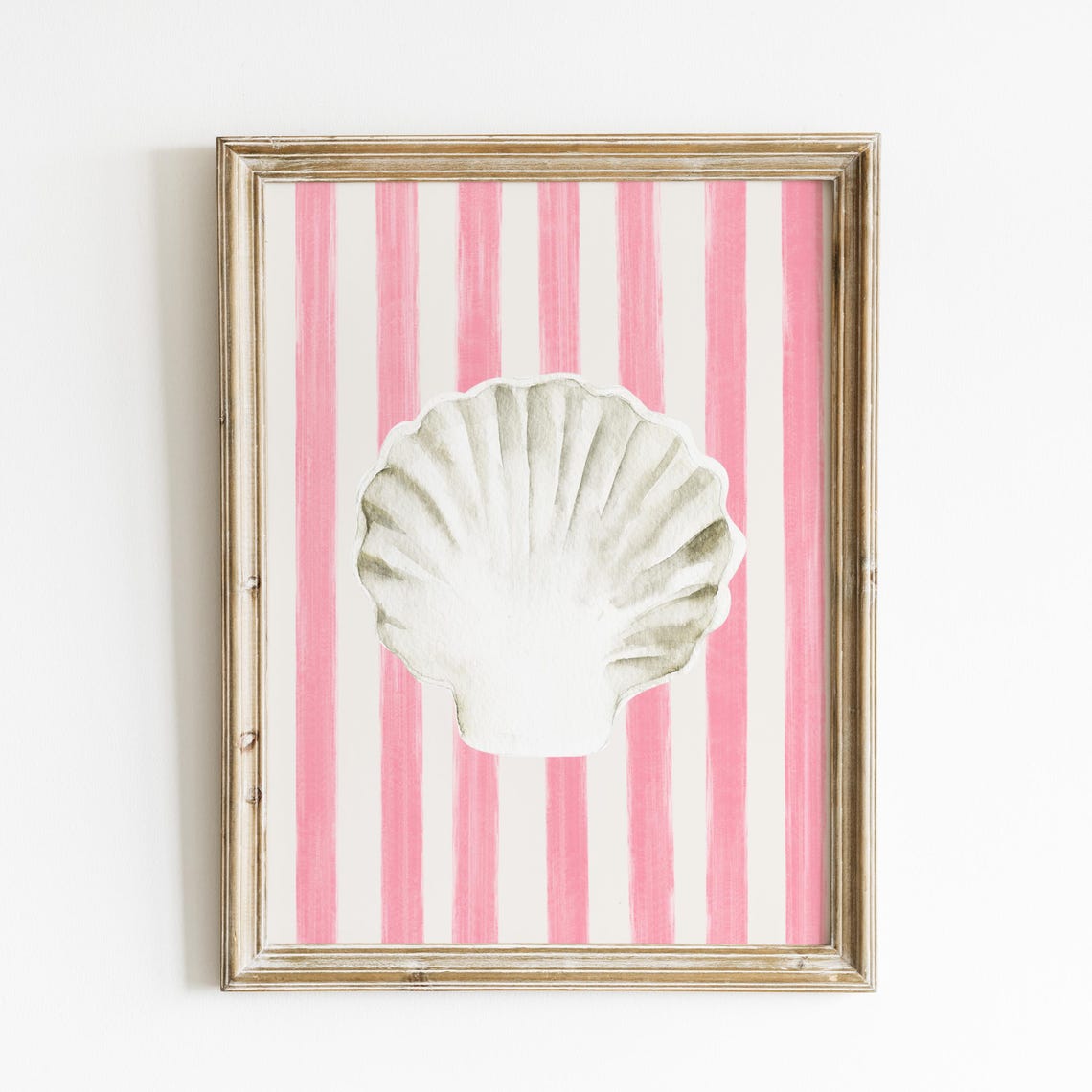 White Scallop Shell Pink Stripe Background Coastal Art Print Poster - Image 2