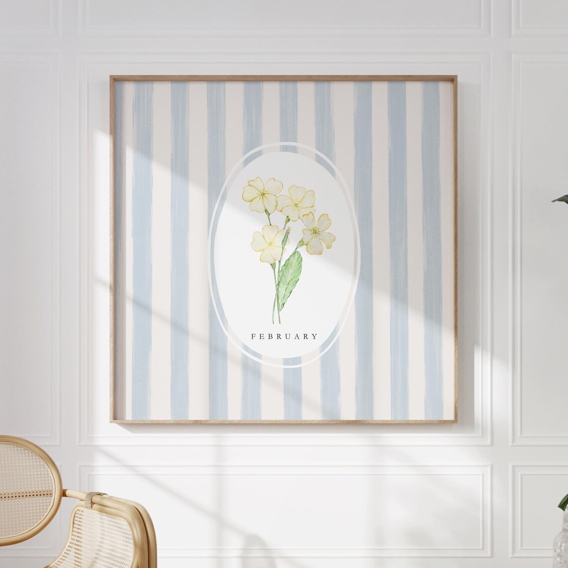 February Primrose Birth Month Flower Blue Stripe Watercolor Botanical Poster - Image 2