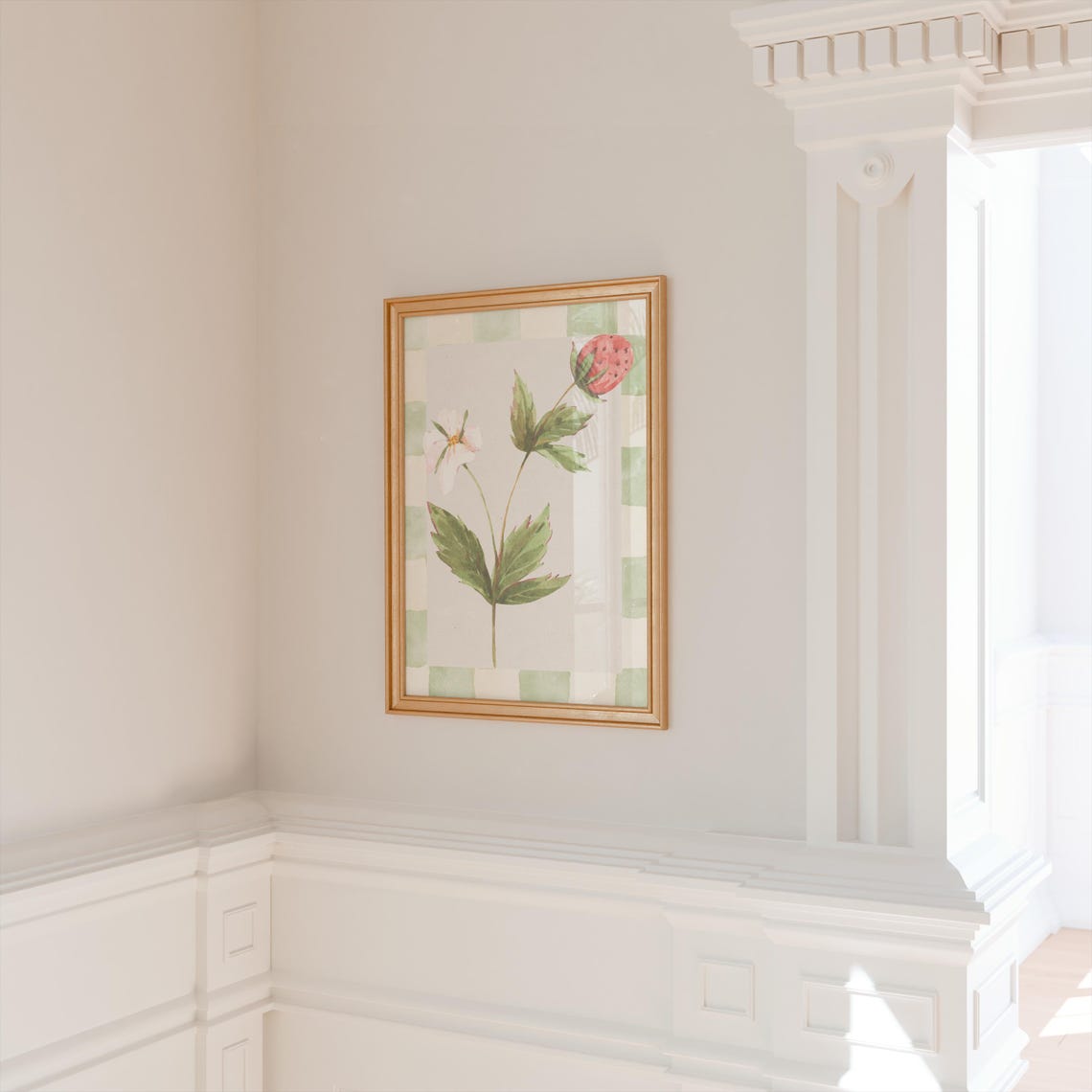 Strawberry Plant Botanical Blossom Checkerboard Watercolor Poster - Image 2