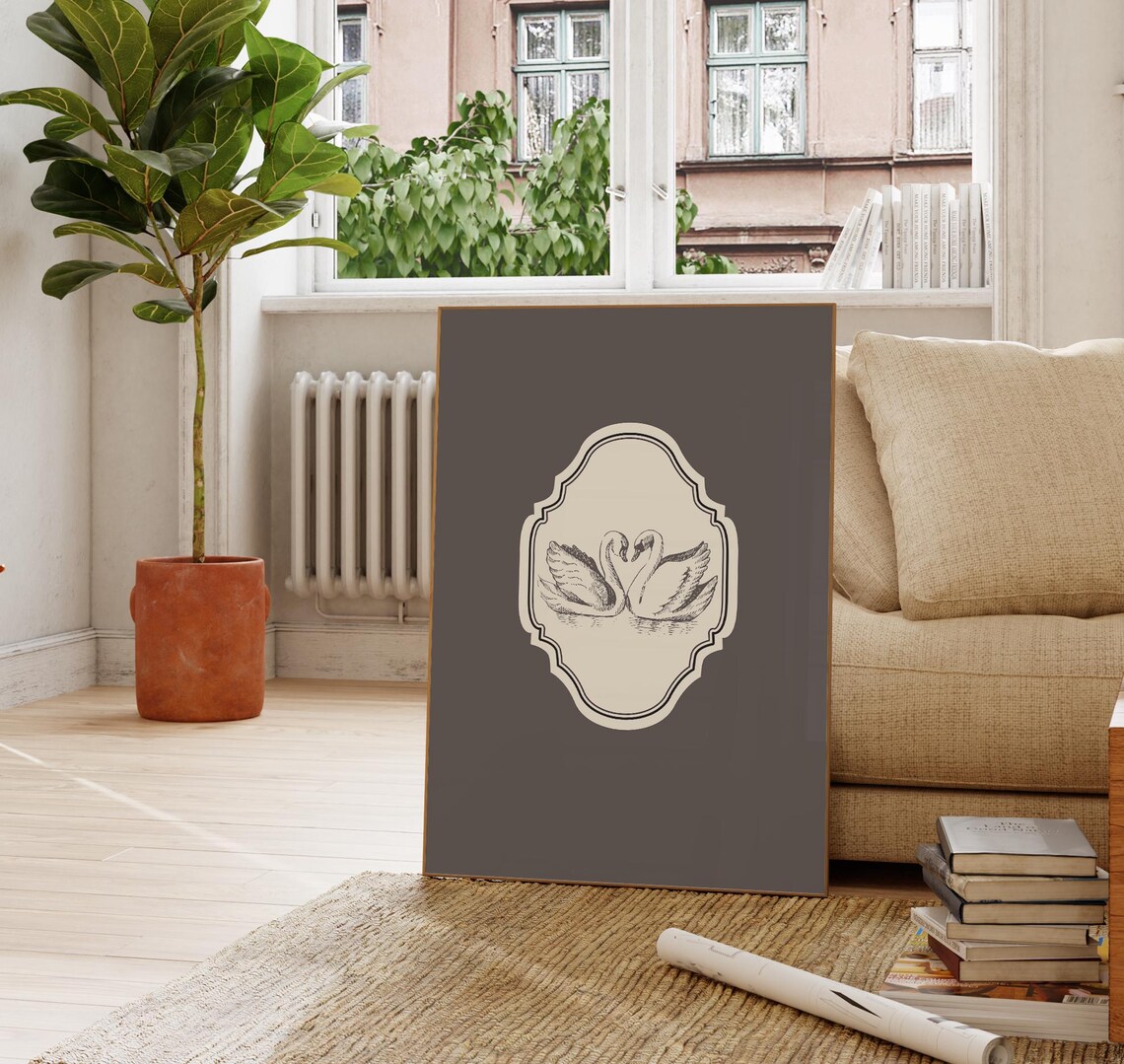 Charcoal Black Vertical Swan Illustration Art Print - Image 4