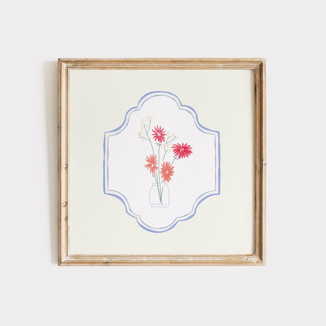 Coral Daisy Doodle Jar Bouquet Watercolor Medallion Botanical Print