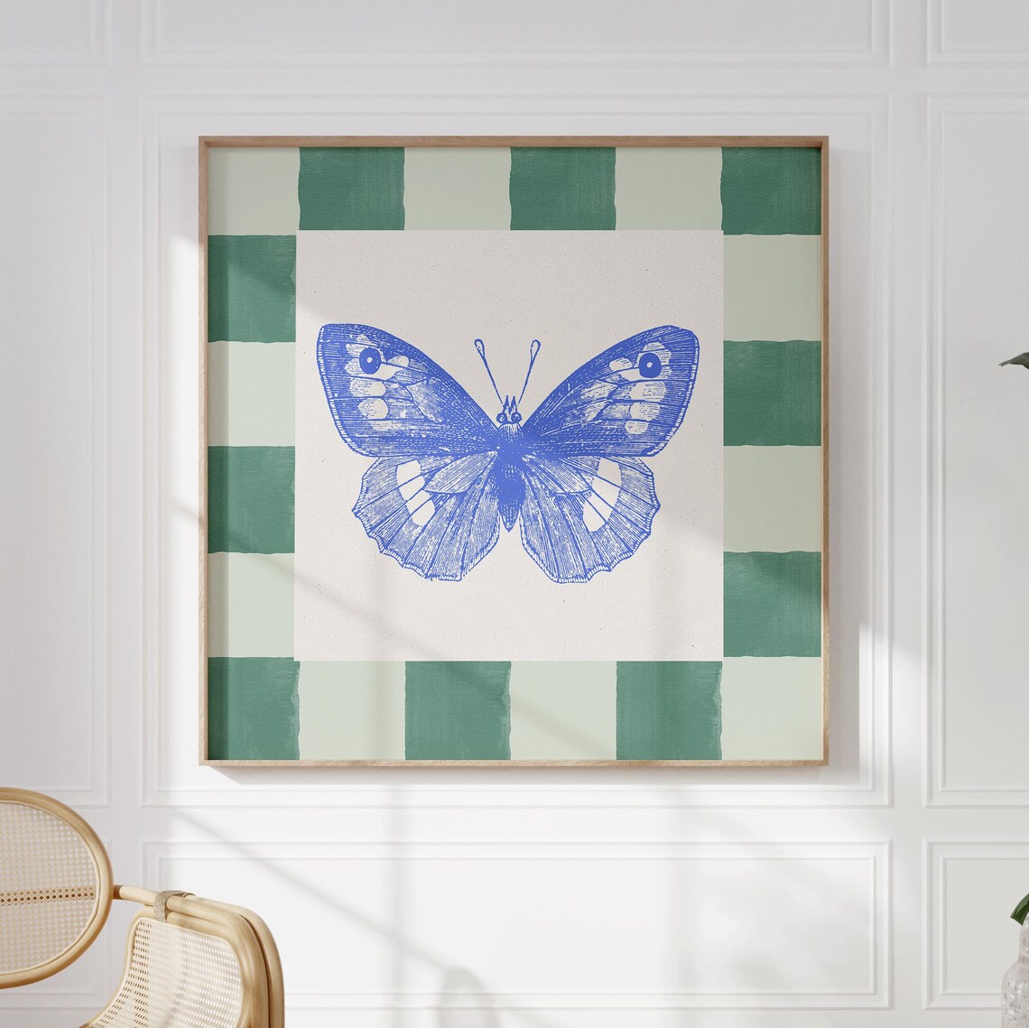 Blue Butterfly Checker Botanical Art Print - Image 2