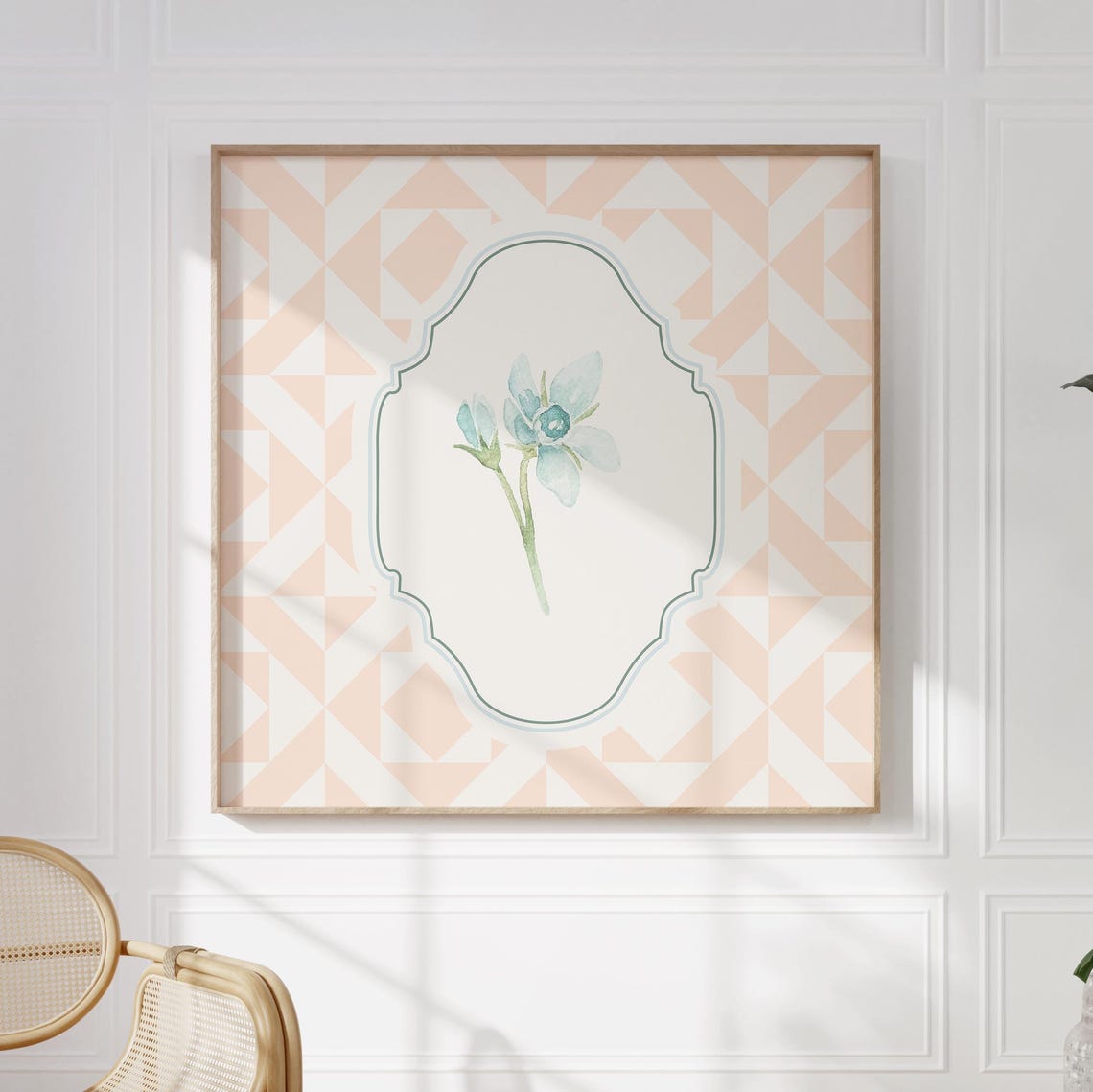 Peach Quilted Minimal Blue Flower Poster Watercolor Nursery Decor - Image 5