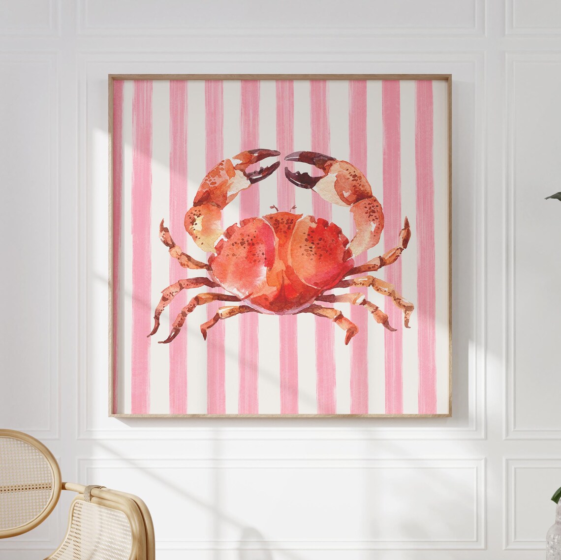 Coral Pink Watercolor Crab Pink Striped Coastal Kitchen Wall Poster - Image 5