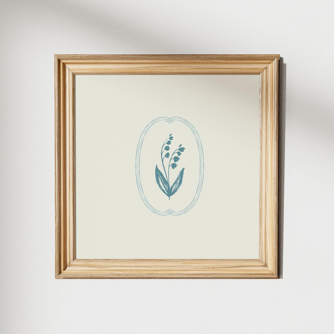 Cream Teal Lily of the Valley Sprig Oval Frame Botanical Art Poster